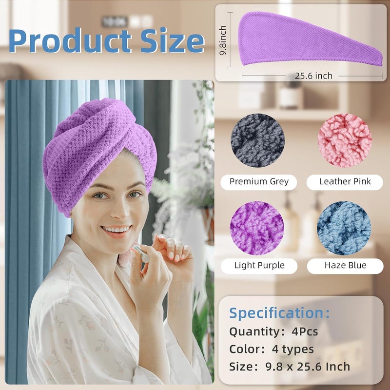 Amrules Hair Towel Wrap, 4 Packs 9.8 x 25.6 Inch Towel Turbans for Wet Hair, Dry Hair Towel, Headbands for Curly and Long Hair - Bathroom Must-Have for Ladies - Image 2
